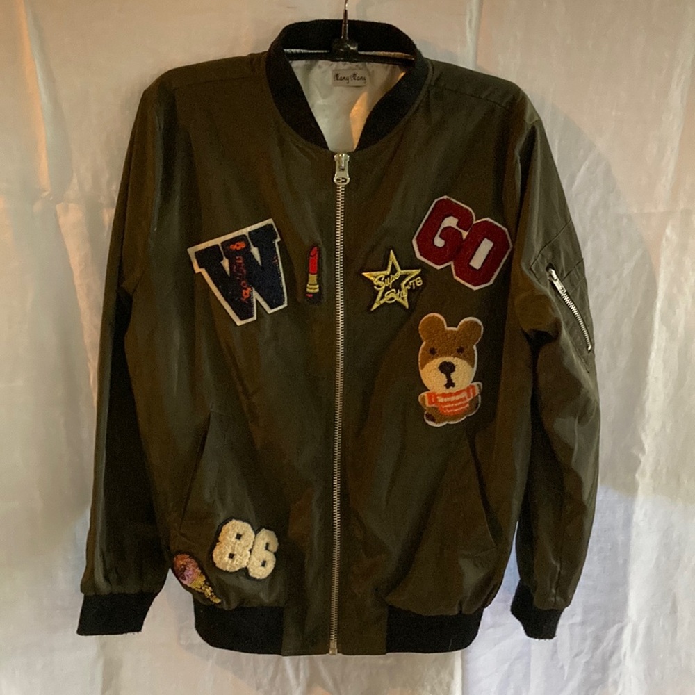 Olive Green Bomber Jacket with Patches